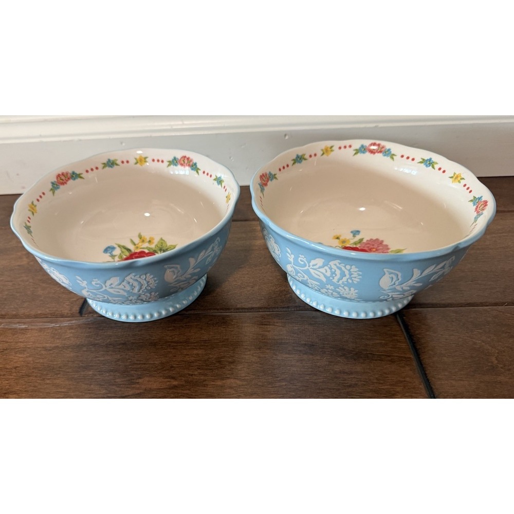 Pioneer Woman Sweet Rose Footed Bowls 6"  Blue Floral Cereal Bowl Lot of 2 NEW!